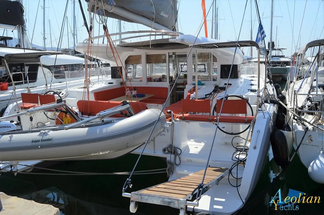 Deck of Aeolian Odyssey, a Excess 12 catamaran at Preveza, Greece