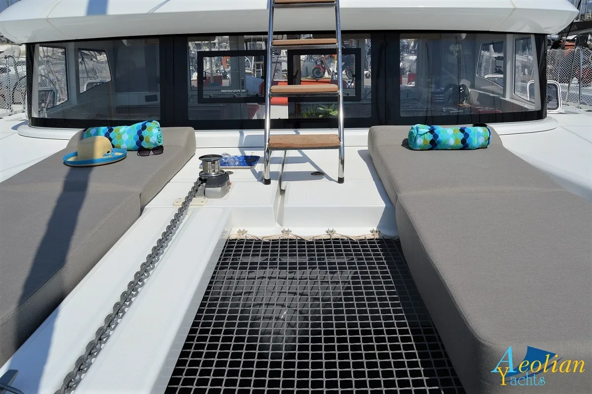 Deck of Aeolian Odyssey, a Excess 12 catamaran at Preveza, Greece