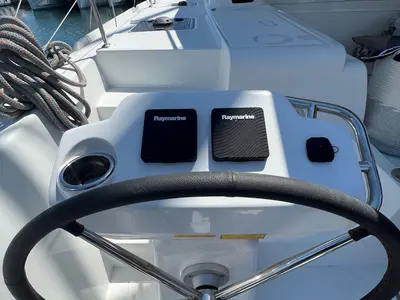 Cockpit of Aeolian Odyssey, a Excess 12 catamaran at Preveza, Greece