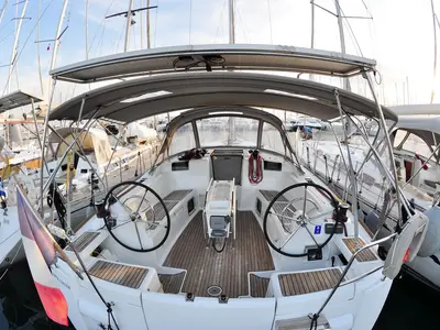 Cockpit of Il Sole, a Jeanneau Sun Odyssey 439 sailboat at Athens, Greece