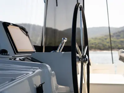 Cockpit of Omnia, a Lagoon 46 catamaran at Piraeus, Greece