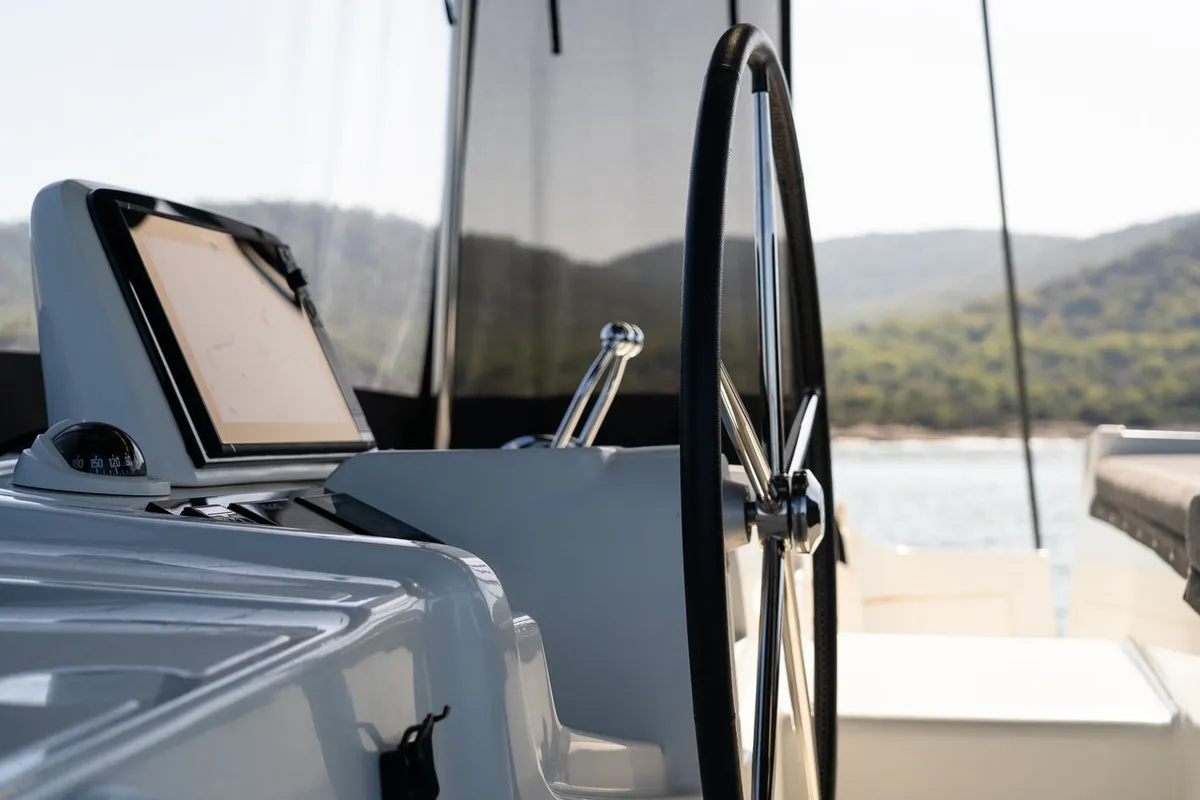 Cockpit of Omnia, a Lagoon 46 catamaran at Piraeus, Greece