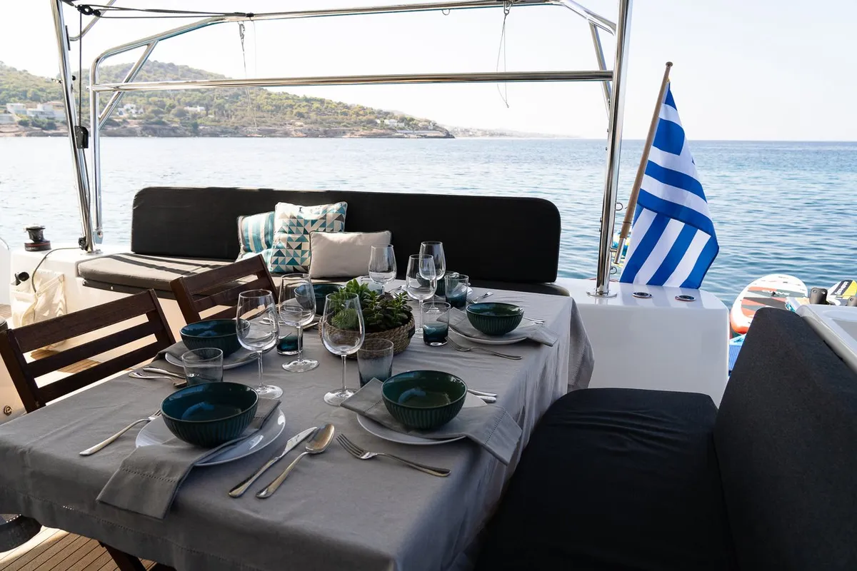 Deck of Omnia, a Lagoon 46 catamaran at Piraeus, Greece