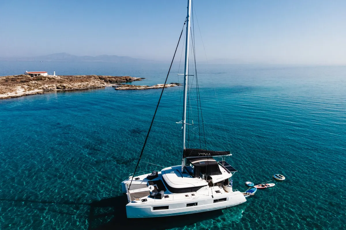 Exterior view of Omnia, a Lagoon 46 catamaran at Piraeus, Greece