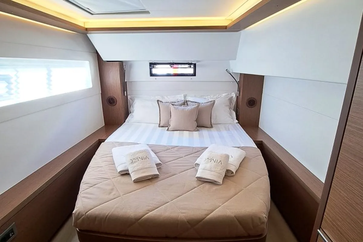 Cabin on Omnia, a Lagoon 46 catamaran at Piraeus, Greece