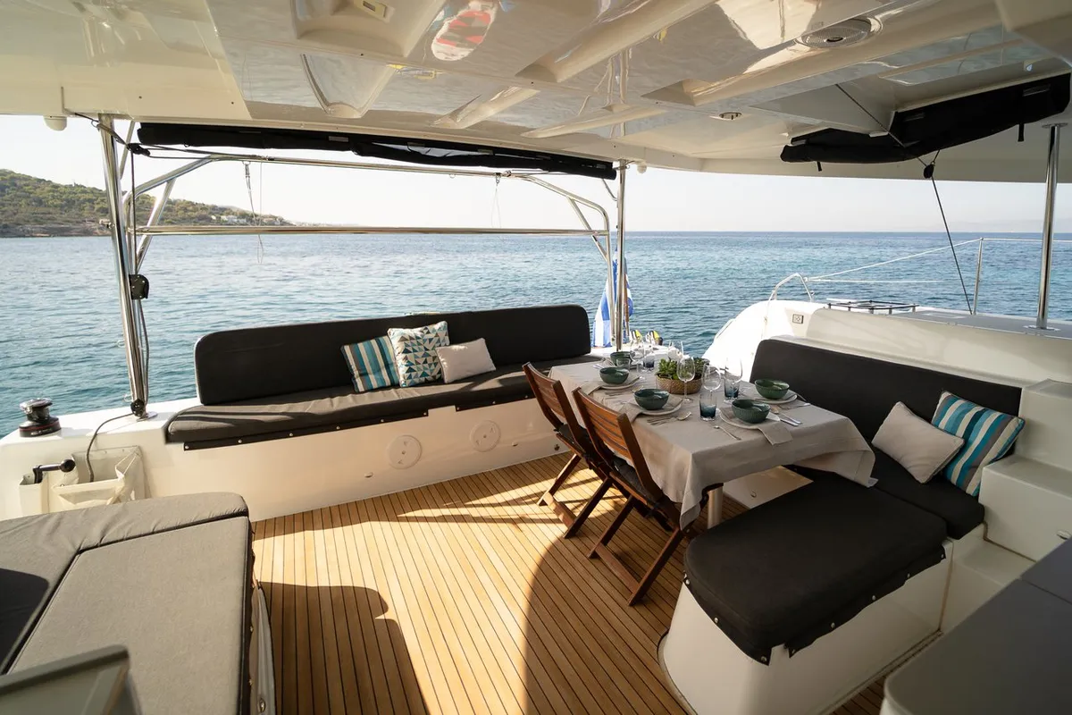 Deck of Omnia, a Lagoon 46 catamaran at Piraeus, Greece