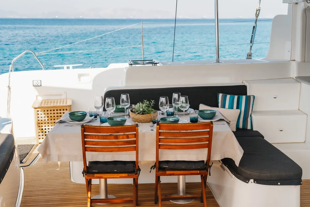 Deck of Omnia, a Lagoon 46 catamaran at Piraeus, Greece