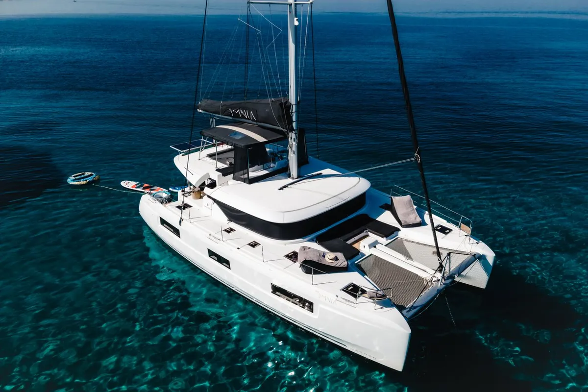 Exterior view of Omnia, a Lagoon 46 catamaran at Piraeus, Greece