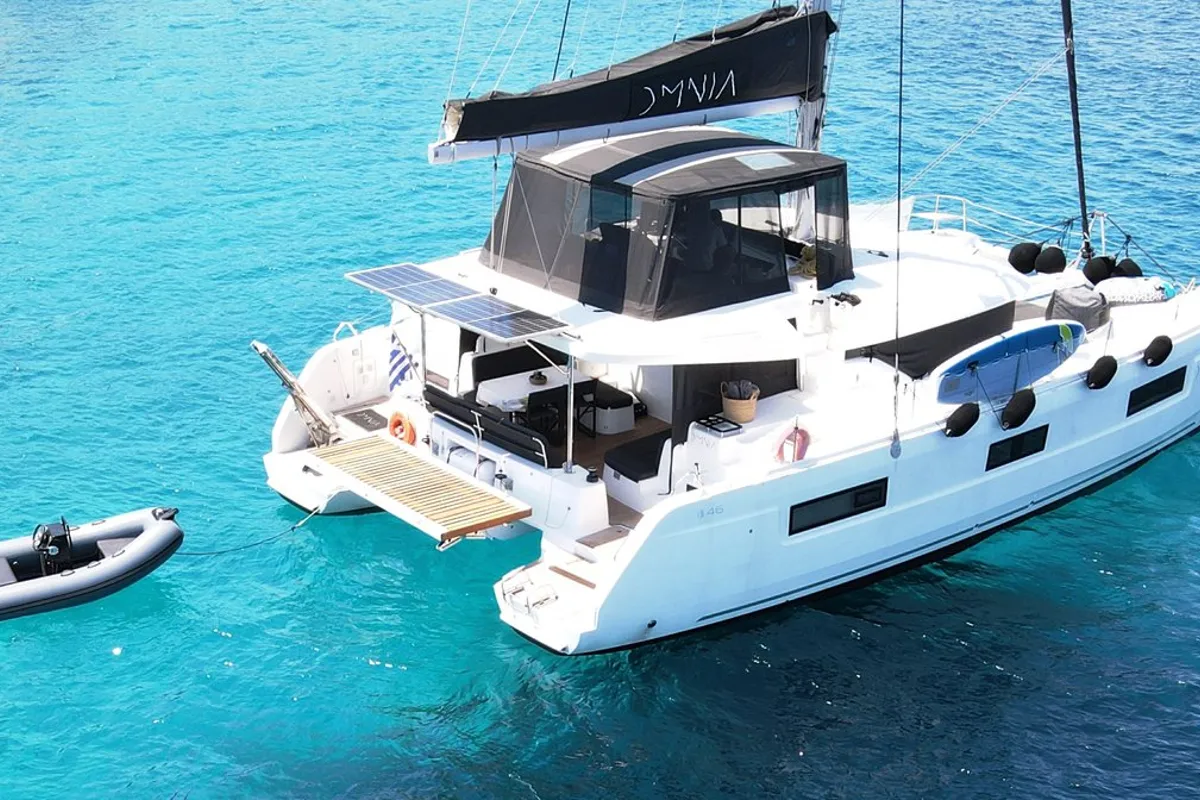 Exterior view of Omnia, a Lagoon 46 catamaran at Piraeus, Greece