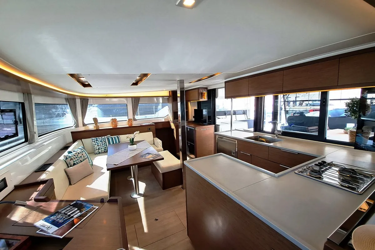 Salon of Omnia, a Lagoon 46 catamaran at Piraeus, Greece