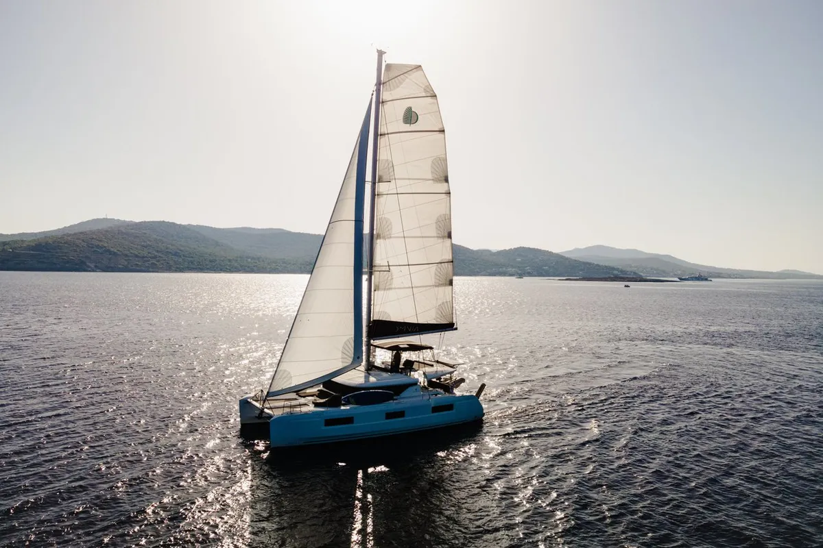 Exterior view of Omnia, a Lagoon 46 catamaran at Piraeus, Greece