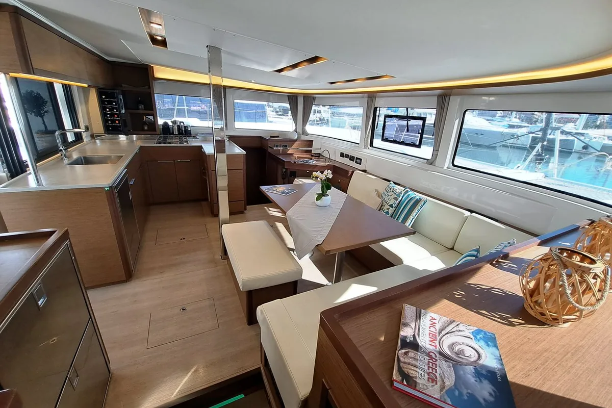 Salon of Omnia, a Lagoon 46 catamaran at Piraeus, Greece