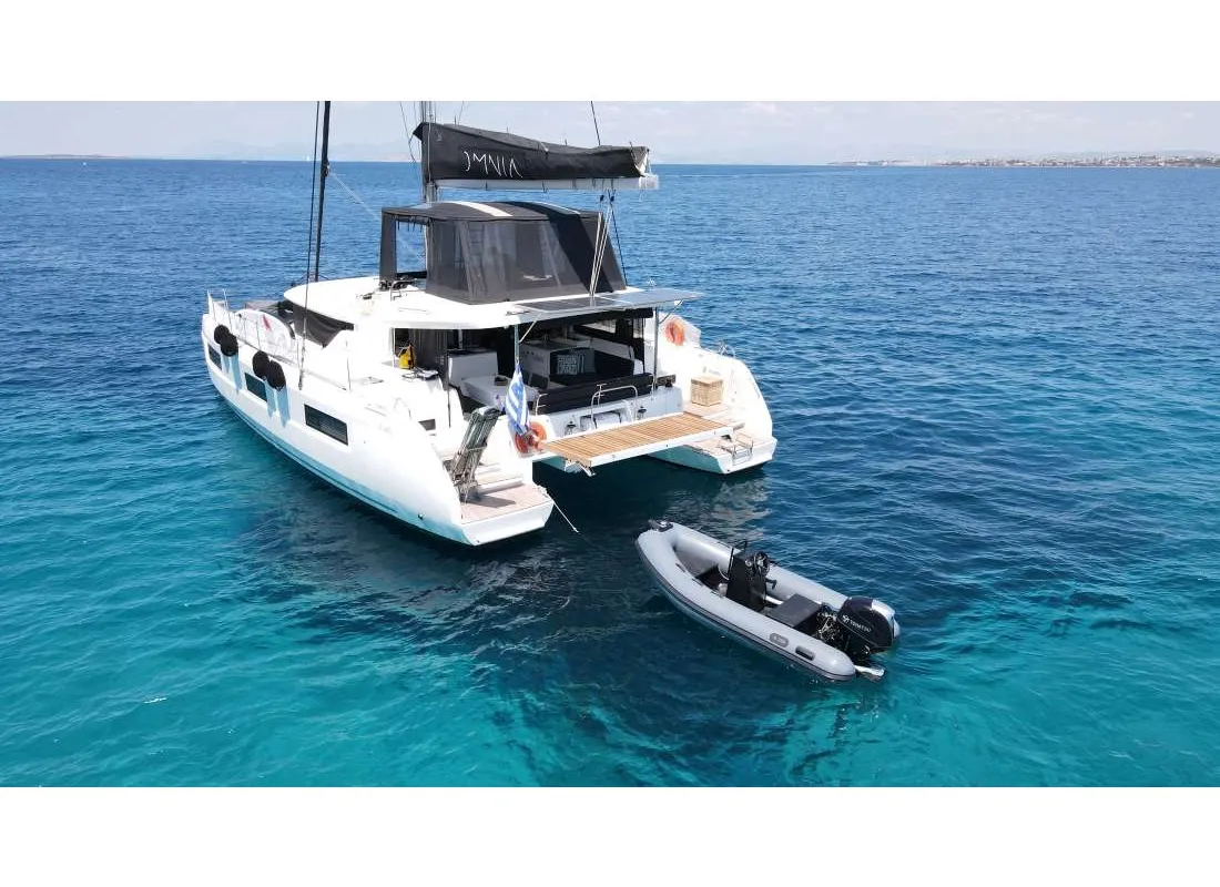 Exterior view of Omnia, a Lagoon 46 catamaran at Piraeus, Greece