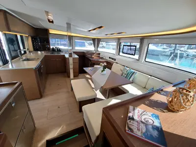 Salon of Omnia, a Lagoon 46 catamaran at Piraeus, Greece
