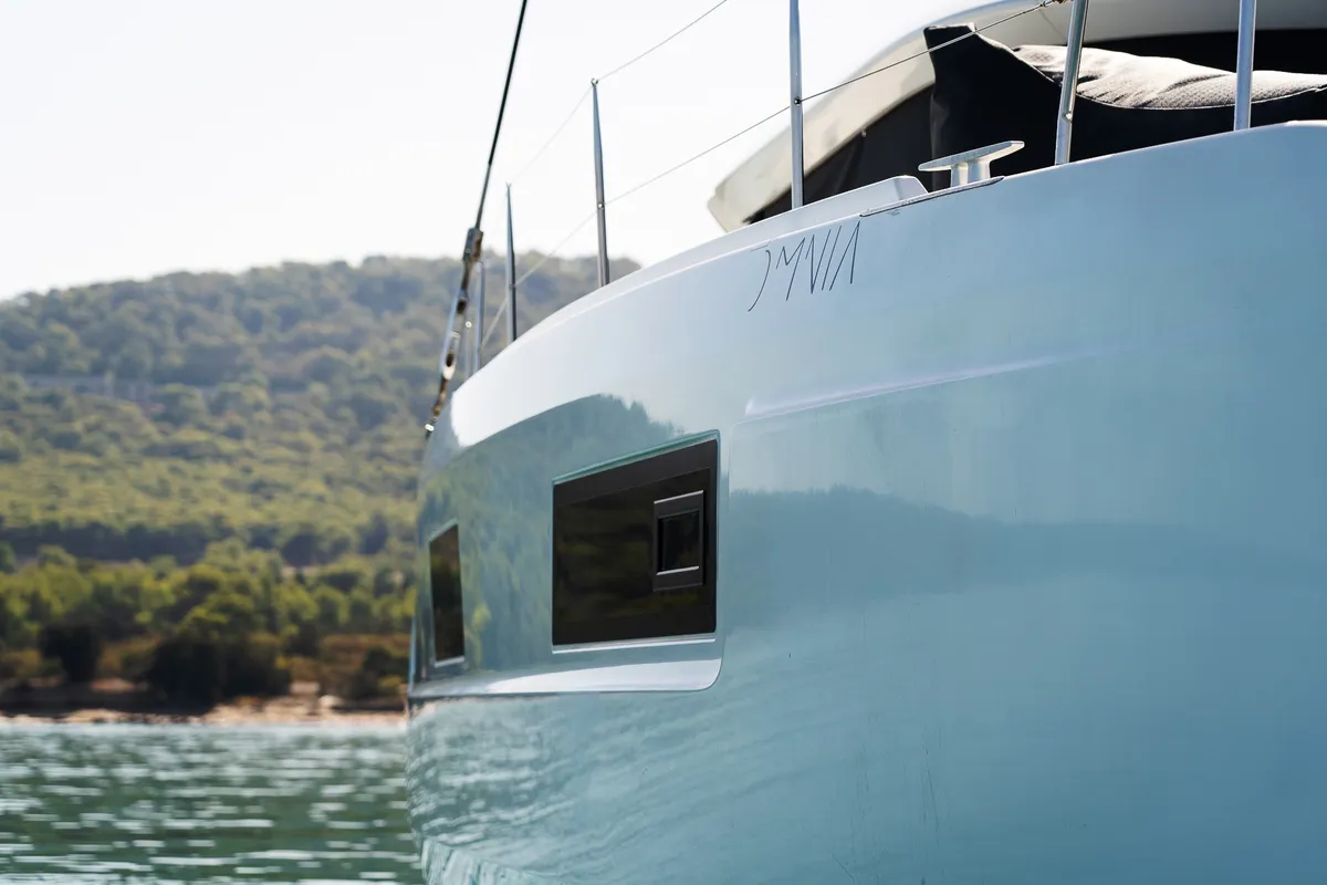 Exterior view of Omnia, a Lagoon 46 catamaran at Piraeus, Greece
