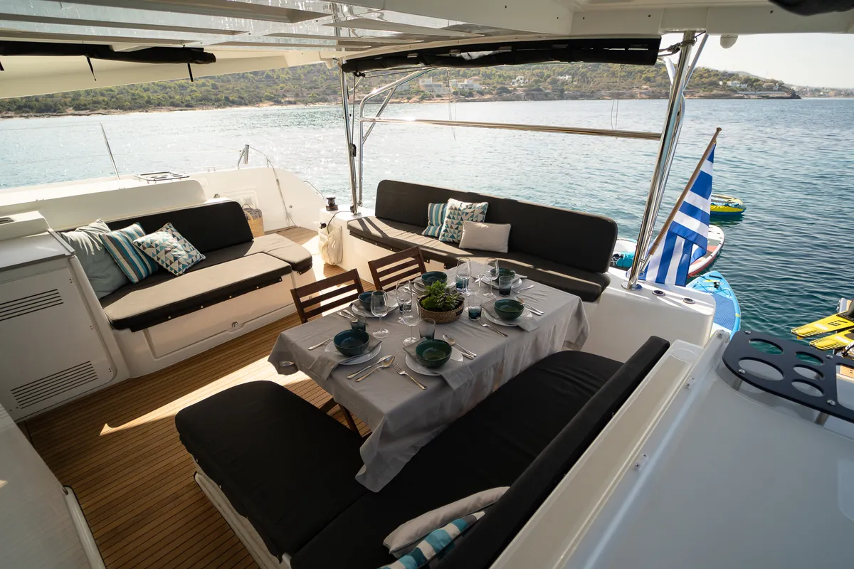 Deck of Omnia, a Lagoon 46 catamaran at Piraeus, Greece