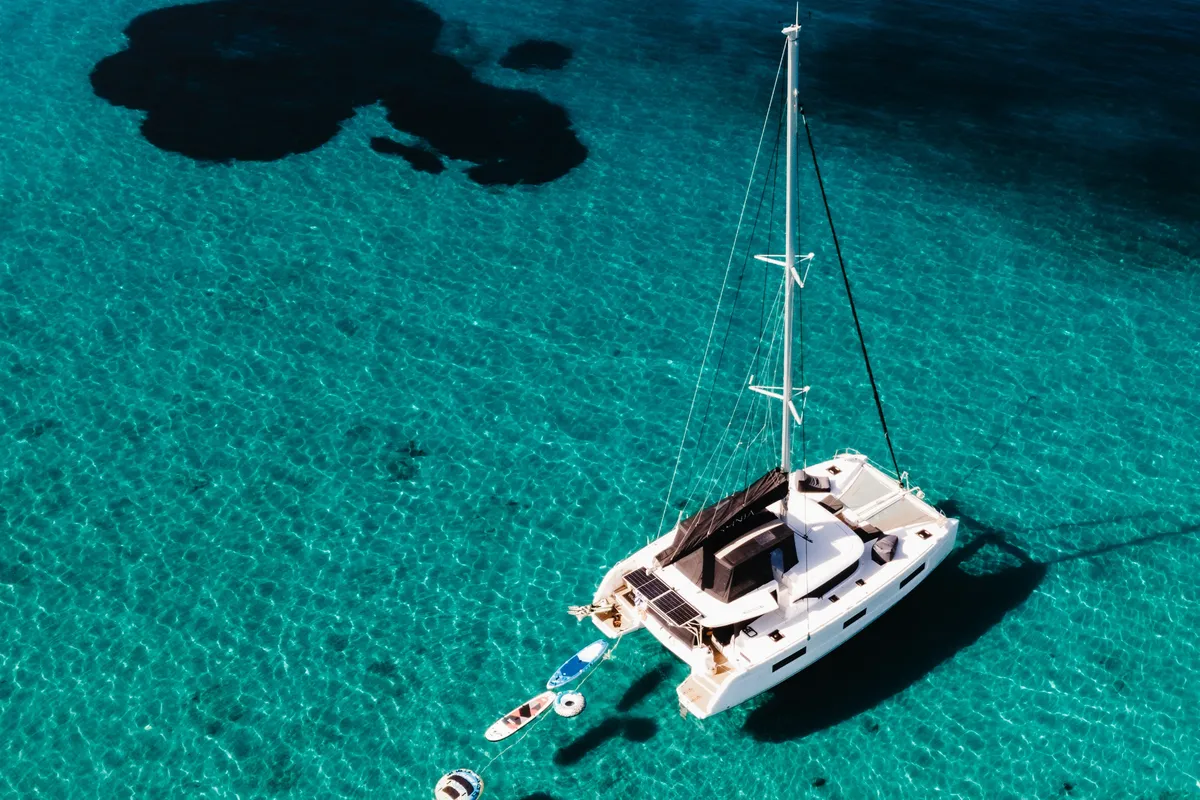 Exterior view of Omnia, a Lagoon 46 catamaran at Piraeus, Greece