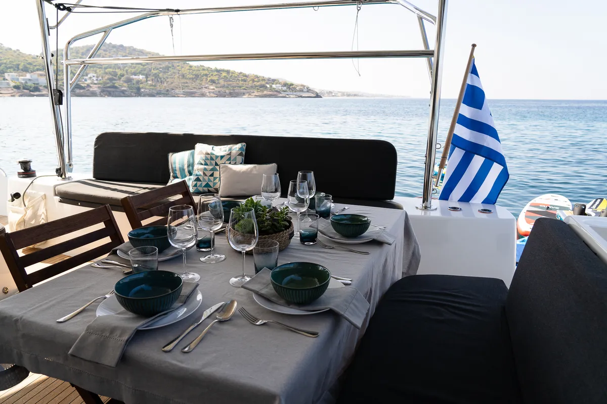 Deck of Omnia, a Lagoon 46 catamaran at Piraeus, Greece