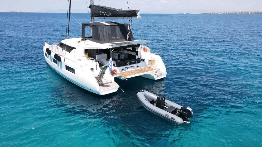 Exterior view of Omnia, a Lagoon 46 catamaran at Piraeus, Greece