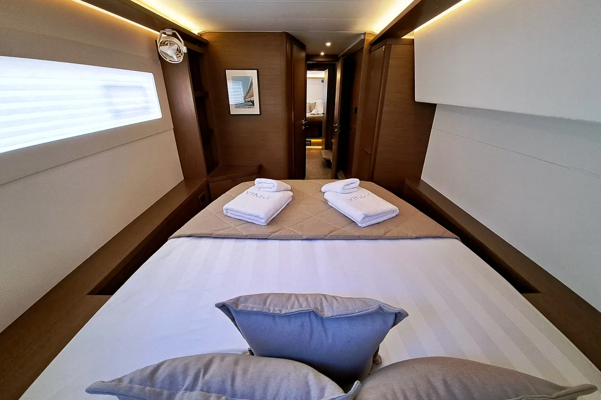 Cabin on Omnia, a Lagoon 46 catamaran at Piraeus, Greece
