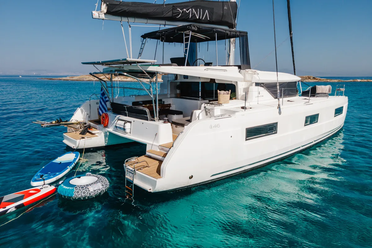 Exterior view of Omnia, a Lagoon 46 catamaran at Piraeus, Greece