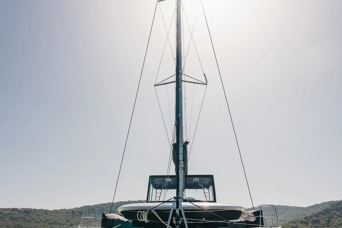 Exterior view of Omnia, a Lagoon 46 catamaran at Piraeus, Greece