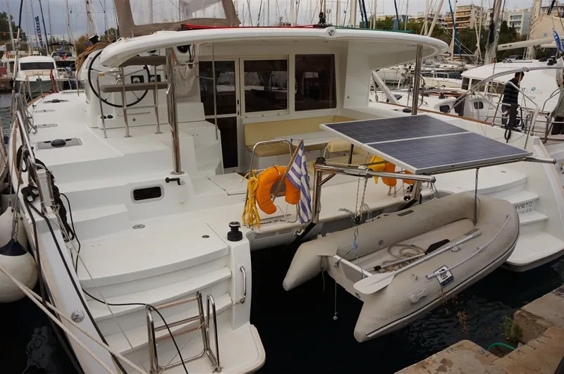 Exterior view of Myrto, a Lagoon 400 S2 catamaran at Kontokali, Greece