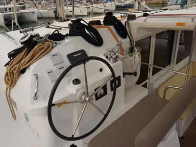 Cockpit of Myrto, a Lagoon 400 S2 catamaran at Kontokali, Greece