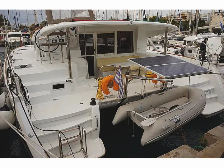 Exterior view of Myrto, a Lagoon 400 S2 catamaran at Kontokali, Greece