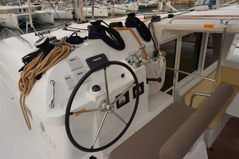 Cockpit of Myrto, a Lagoon 400 S2 catamaran at Kontokali, Greece
