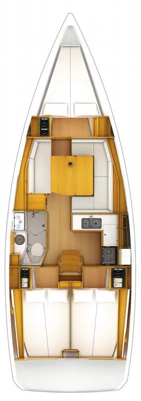 Floor plan of Sound of Silence, a Jeanneau Sun Odyssey 389 sailboat at Palma de Mallorca, Spain