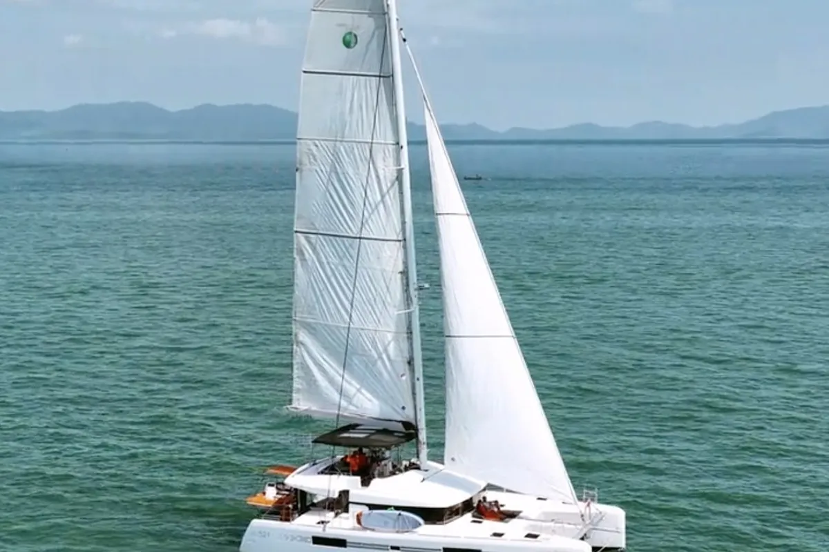 Exterior view of Sealion, a Lagoon 52 F catamaran at Mai Khao, Thailand