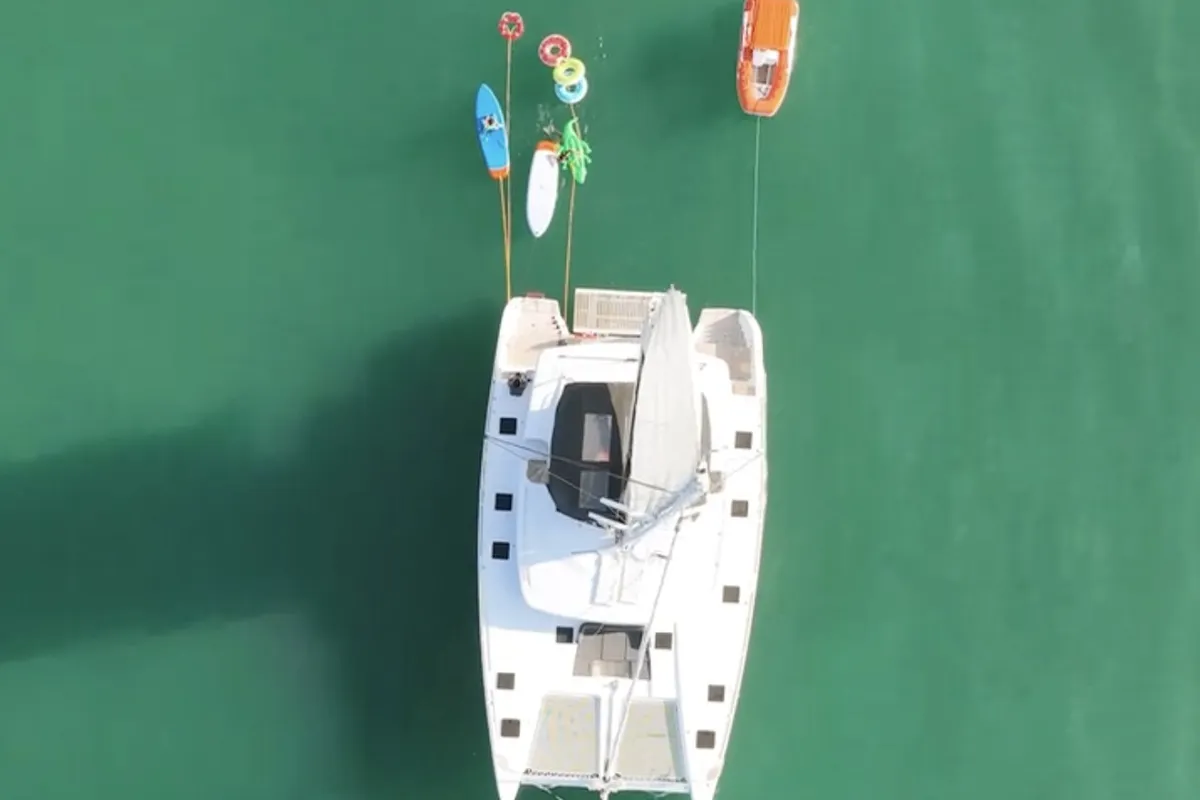 Exterior view of Sealion, a Lagoon 52 F catamaran at Mai Khao, Thailand
