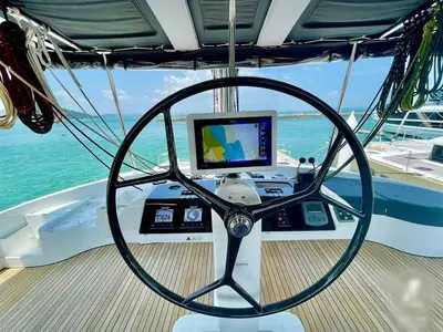Cockpit of Sealion, a Lagoon 52 F catamaran at Mai Khao, Thailand