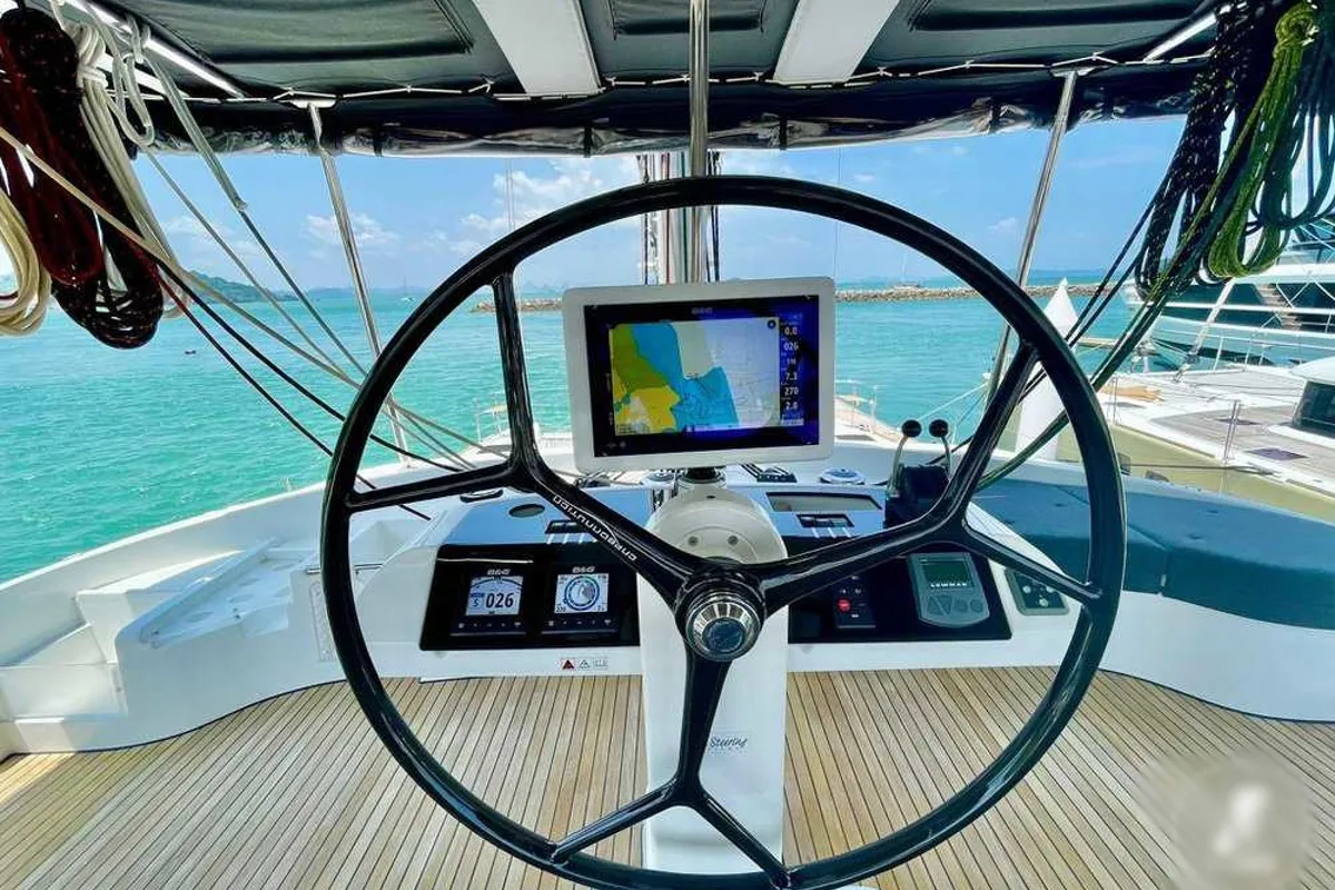 Cockpit of Sealion, a Lagoon 52 F catamaran at Mai Khao, Thailand