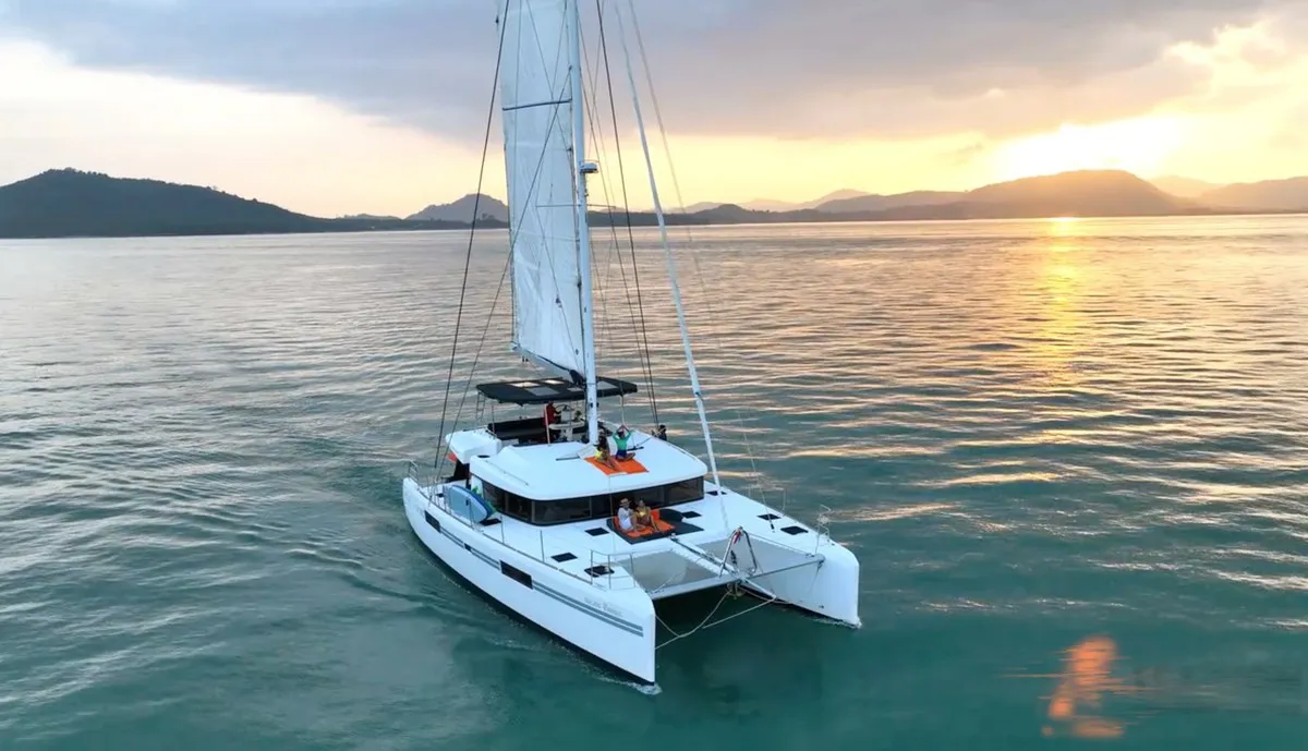 Exterior view of Sealion, a Lagoon 52 F catamaran at Mai Khao, Thailand