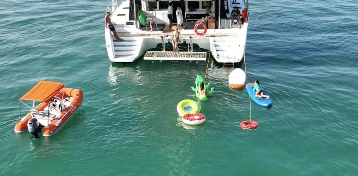 Exterior view of Sealion, a Lagoon 52 F catamaran at Mai Khao, Thailand