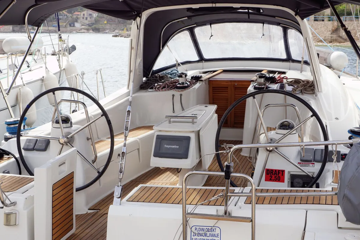 Cockpit of Mississippi, a Beneteau Oceanis 50 Family sailboat at Rogač, Croatia
