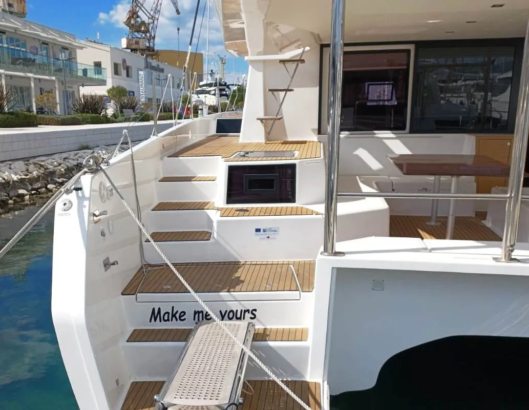 Deck of Make Me Yours, a Dufour 48 Catamaran catamaran at Grad Trogir, Croatia