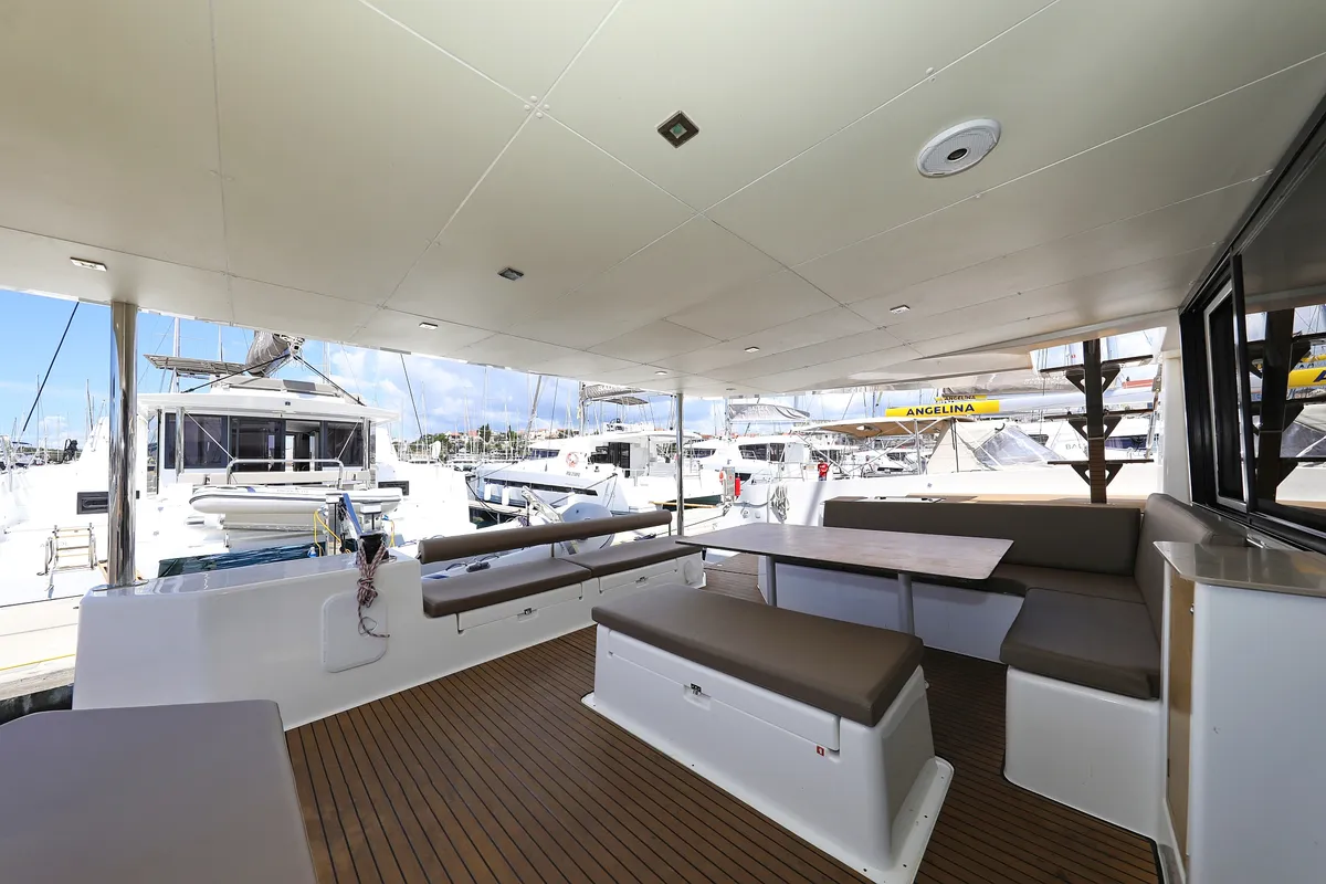 Deck of Make Me Yours, a Dufour 48 Catamaran catamaran at Grad Trogir, Croatia