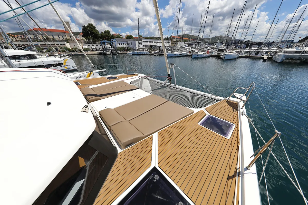 Deck of Make Me Yours, a Dufour 48 Catamaran catamaran at Grad Trogir, Croatia