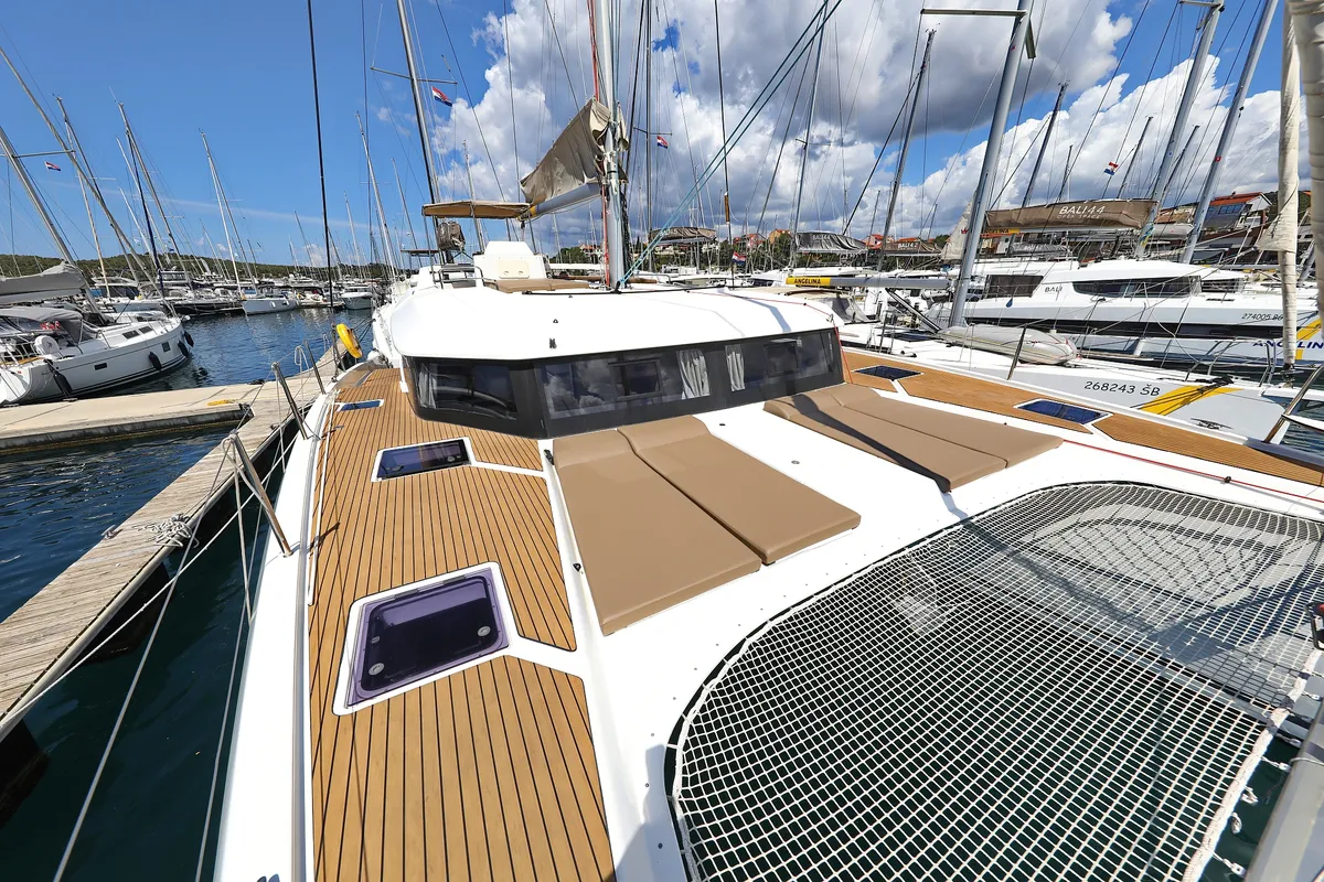 Deck of Make Me Yours, a Dufour 48 Catamaran catamaran at Grad Trogir, Croatia