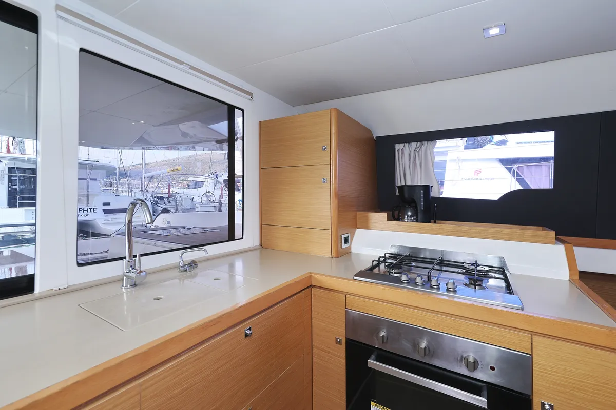 Deck of Make Me Yours, a Dufour 48 Catamaran catamaran at Grad Trogir, Croatia