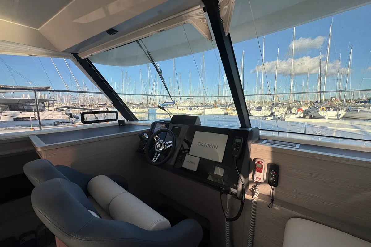 Cockpit of Blue Champagne, a Fountaine Pajot MY4.S - Maestro catamaran at La Rochelle, France