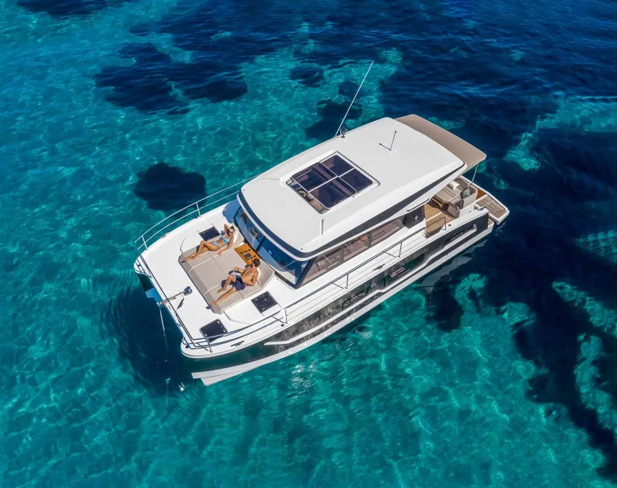 Exterior view of Blue Champagne, a Fountaine Pajot MY4.S - Maestro catamaran at La Rochelle, France