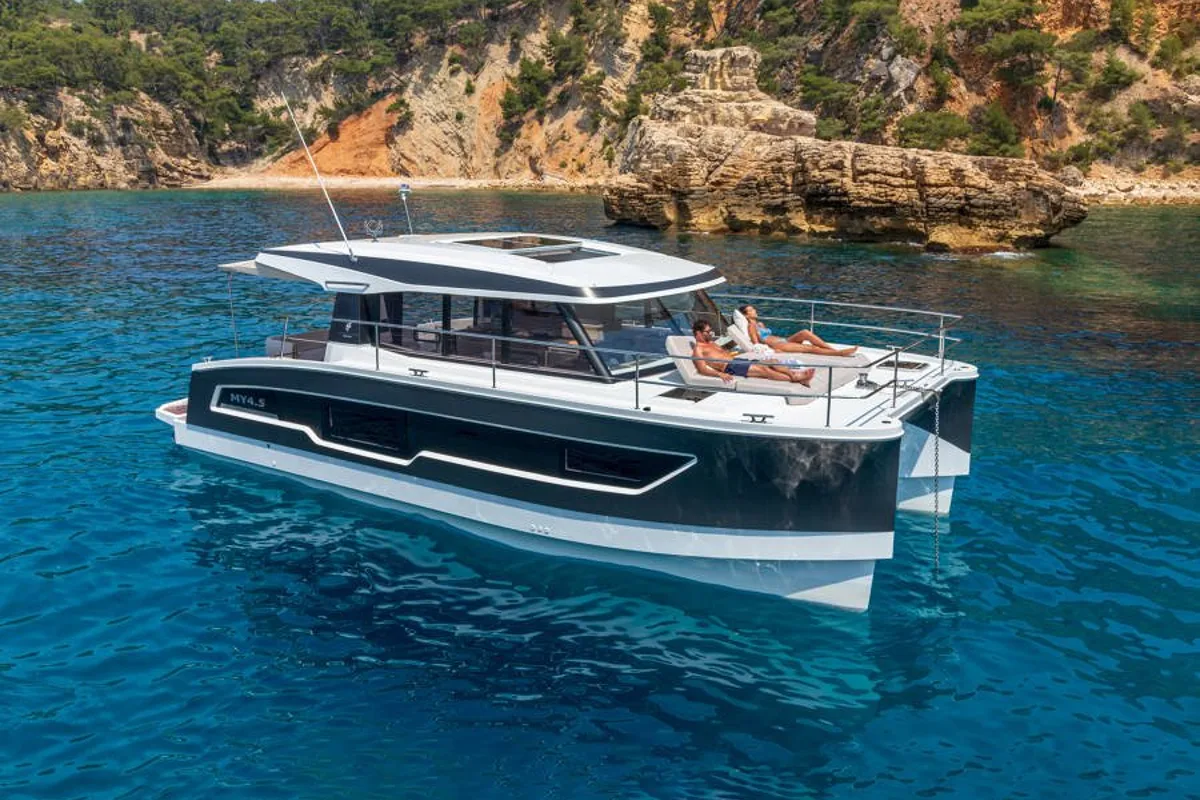 Exterior view of Blue Champagne, a Fountaine Pajot MY4.S - Maestro catamaran at La Rochelle, France