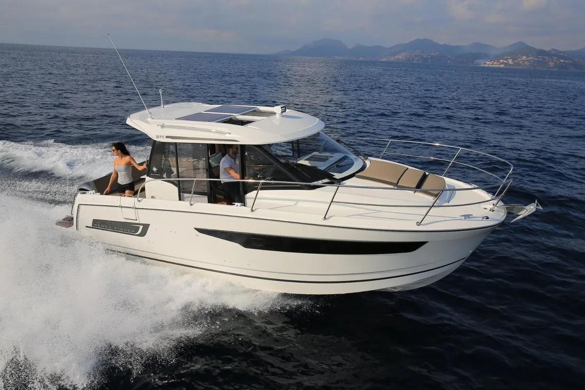 Exterior view of Aquaduck, a Jeanneau Merry Fisher 895 motorboat at Grad Biograd na Moru, Croatia