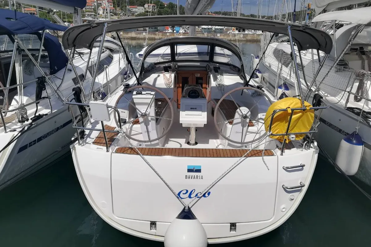 Exterior view of Cleo, a Bavaria Cruiser 34 sailboat at Grad Pula, Croatia