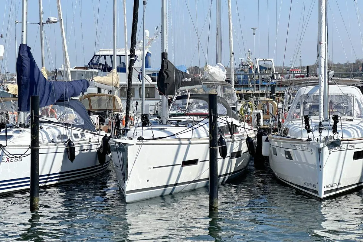 Exterior view of Nice to Have, a Dufour 382 GL sailboat at Heiligenhafen, Germany