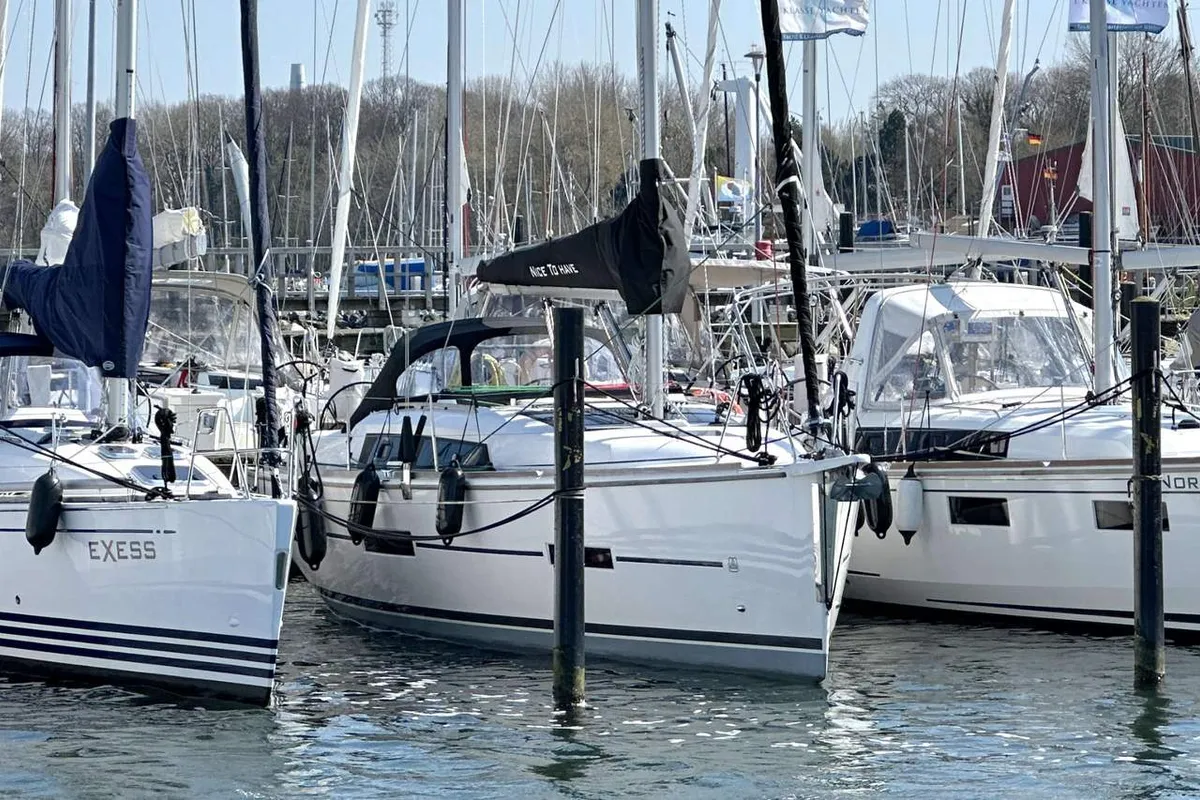 Exterior view of Nice to Have, a Dufour 382 GL sailboat at Heiligenhafen, Germany